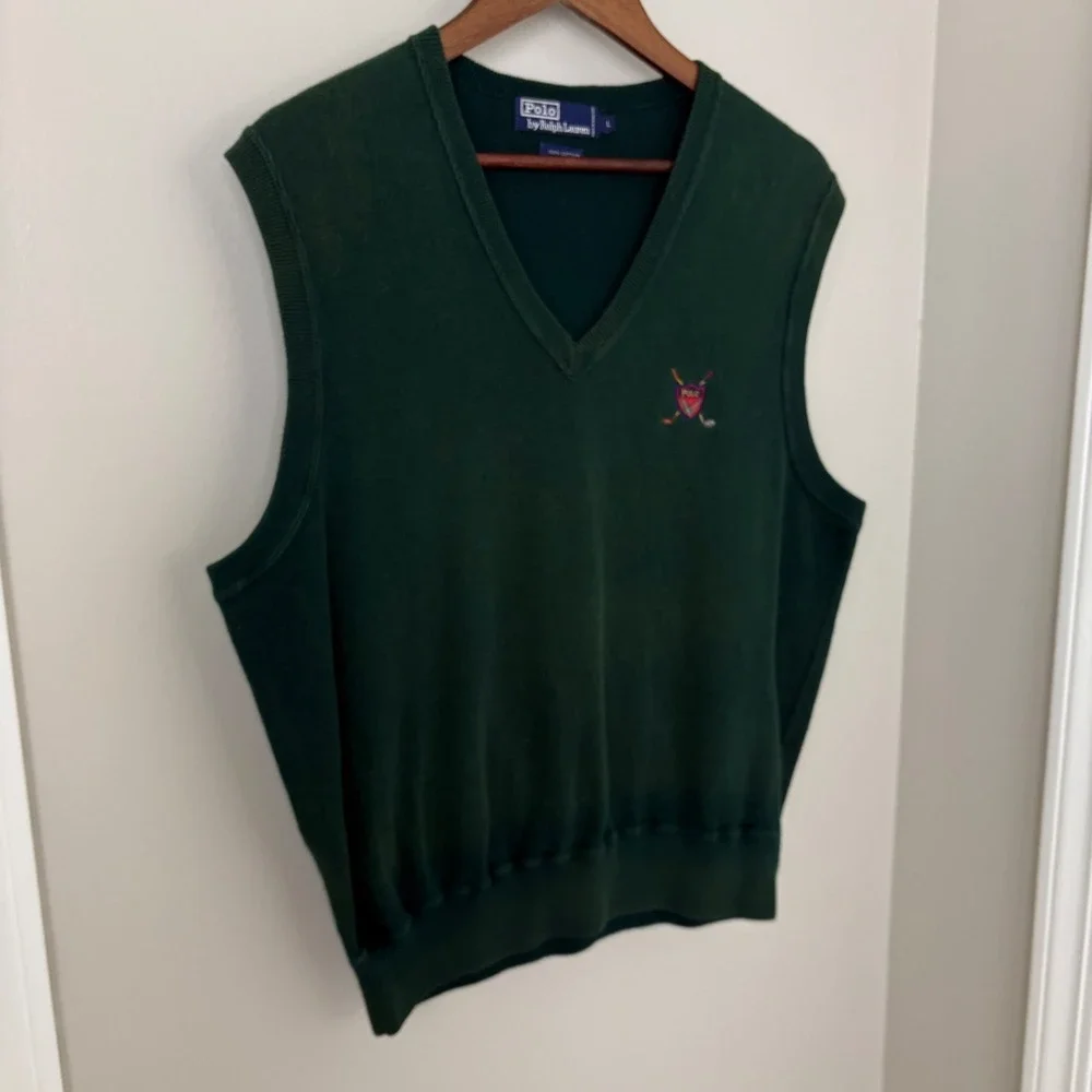 VTG‎ Polo Ralph Lauren Sweater Vest Mens Large Green Golf Crest Knit Cotton FLAW